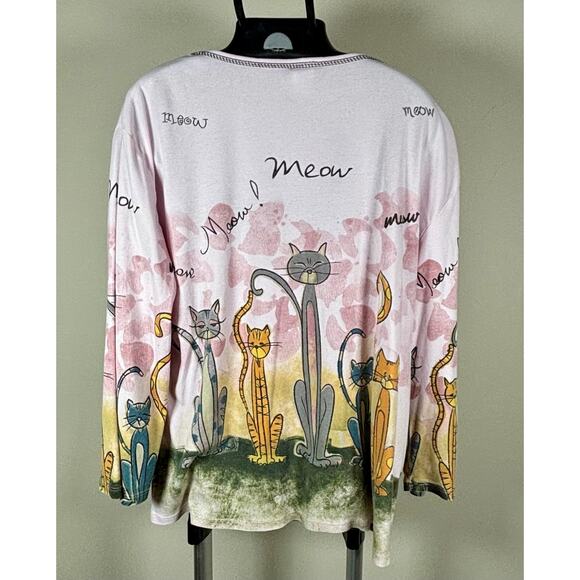 Jess & Jane Pink Y2K Cat Kitten Long Sleeve Shirt Cotton Vintage Meow Size XL - Picture 2 of 5